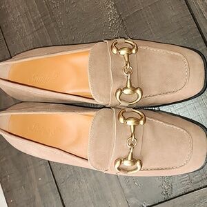 Saint G, Jenny Taupe Suede Loafers Moccasins with Gold Accent, 36